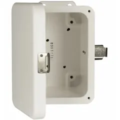 This WIEGMANN fiberglass enclosure measures 6 inches by 4 inches by 4 inches and features a hinged solid cover secured with a padlock hasp. Rated NEMA 1, 12, 3R, 4X, and 6P, it is suitable for protecting electrical controls, terminals, and instruments in environments requiring resistance to water, dust, corrosion, and temporary submersion. Knockouts are not included.