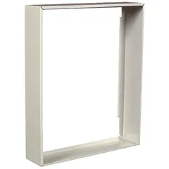 This semi-recessed mounting frame is designed for installing electric wall heaters. It extends 2 inches and has outside dimensions of 19.71 by 16.15 inches with a white finish. The frame is compatible with heater models 2HAD5, 2HAD7, 2HAD8, 2HAD9, 2HAE1, 3END1, 3END2, 3END5, 3END6, 3END7, 3END8, 3END9, 3ENE1, 3UF59, 3UF60, 3UF61, 3UF62, 3UF63, 3UG55, 3UG56, and 3UG57, and fits kW ratings of 3600/4800 kW.