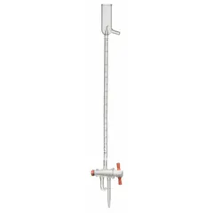 This 50 mL Class B glass buret is made from borosilicate glass, offering resistance to thermal shock and chemical corrosion. It features a 0.1 mL increment and an accuracy of ±0.10 mL, with a total length of 735 mm. Suitable for precise liquid titration and volume measurement in analytical chemistry and laboratory settings.