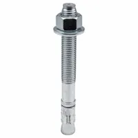 Zinc-plated steel wedge anchor for heavy-duty fastening into solid concrete. 3/4-inch diameter with 3/4"-10 thread size and 5-1/8-inch thread length. Suitable for securing structural steel, machinery, and equipment in indoor applications