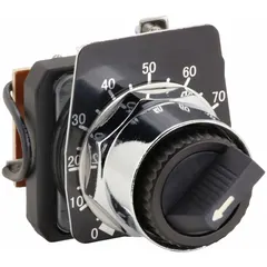 Panel-mount potentiometer with a 2500 ohm maximum resistance rating, standard knob, and metallic black bezel. Includes a dial plate for precise adjustment. Suitable for industrial control applications requiring variable resistance settings.