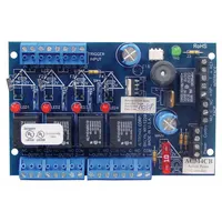 Power controller board constructed from phenolic/fiberglass material. Accepts 12/24V AC/DC input. Used for power management in access control and security systems, such as controlling power to door locks and readers