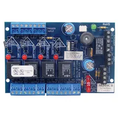 Power controller board constructed from phenolic/fiberglass material. Accepts 12/24V AC/DC input. Used for power management in access control and security systems, such as controlling power to door locks and readers.