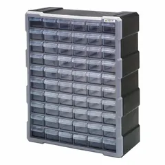 Stackable plastic cabinet with 60 clear polypropylene drawers for organizing small parts. Each drawer measures 5-1/2 in x 2 in x 1-1/4 in. Overall dimensions: 15 in x 6-1/4 in x 18-3/4 in. Black finish.