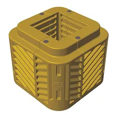 This column protector is made of yellow HDPE and fits square columns with a compatible diameter of 8 inches. It has an overall height of 24 inches and is used to shield columns from impact in industrial environments such as warehouses, factories, and loading bays.