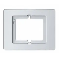 White plastic wall plate for Johnson Controls T8000 Series thermostats. Measures 6 in height by 4 in width, designed for horizontal mounting. Covers wall imperfections after thermostat installation.