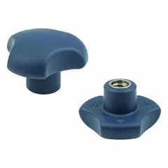 Three-arm knob with threaded blind hole, 40 mm diameter, M8 thread. Plastic body in RAL 5001 blue with stainless steel thread insert. Metal-detectable construction suitable for manual clamping, positioning, and adjustment in industrial machinery, particularly in environments requiring contamination detection.