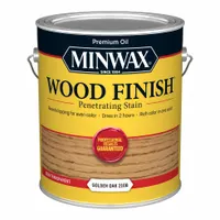 This interior oil-based wood stain in Golden Oak is a semi-transparent finish that enhances natural wood grain. Suitable for use on furniture, trim, and cabinetry, it provides a consistent color for wood surfaces. Supplied in a 1-gallon container