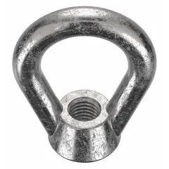 This eye nut is made of stainless steel with a plain finish and oval shape. It has an inside diameter of 1 1/2 inches and an outside diameter of 2 1/2 inches. Commonly used as a lifting or rigging attachment point on machinery, hoists, or structural steel, the 5/8"-11 thread allows secure bolting.