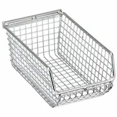 This vented metal wire-mesh bin is designed for organizing and storing heavy industrial parts, tools, or components in warehouses, manufacturing facilities, and workshops. It has a 300 lb load capacity and a stackable design suitable for high-density storage of bulk items requiring ventilation. The bin measures 4 1/4 in x 7 1/4 in x 3 in and is not electrostatic discharge conductive.