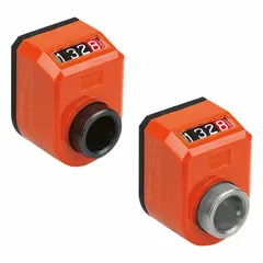 Mechanical position indicator with inclined upper display for visual feedback of shaft rotation. Count direction increases clockwise, reading 0.050 after one revolution. Suitable for use in industrial machinery to indicate linear or rotary position.