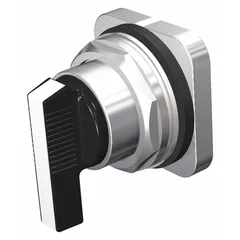 Panel-mount selector-switch operator with a 30 mm mounting hole. Features a 2-position configuration with maintained/momentary action and an A cam. Suitable for industrial control circuits requiring manual selection between two states.