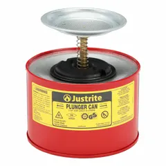 Plunger can with 1/2 gallon capacity, constructed from powder coated steel in red finish. Designed for one-handed dispensing of flammable solvents and cleaning liquids in industrial settings such as machining, maintenance, and assembly areas.