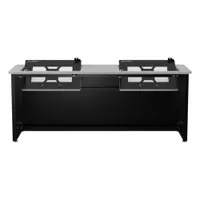 This computer desk features a 72-inch wide metal desktop in Gray Matrix with a black steel frame. It includes a modesty panel and is supplied as a kit. Suitable for office or workstation use, providing a spacious surface for computers and equipment