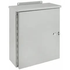 This steel enclosure measures 20 x 16 x 6 inches and features a hinged solid cover with a 1/4-turn latch. It is painted and rated NEMA 3R for outdoor use, providing protection against rain, sleet, and ice. Suitable for housing electrical components, junction boxes, or control panels. Knockouts are not included.