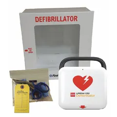 Automated external defibrillator package for emergency cardiac response. Includes wall cabinet with alarm, semi-auto mode, adult AED pads, and a 4-year shelf life Li-MnO2 battery. 1 year management services included; CPR feedback not included.
