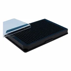 This 384-well assay plate features a black polystyrene construction with square wells, each having a 0.11 mL volume and 3.7 mm diameter. It is RNase/DNase free, making it suitable for sensitive fluorescence-based assays in high-throughput screening and life science research. The plate is non-sterile.