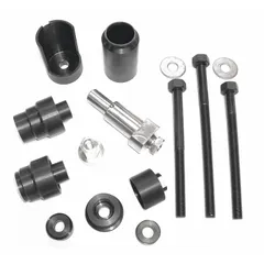 This 13-piece steel service tool kit is used for replacing guide pins and boots on air disc brakes. It includes an 8-inch bolt and has an overall length of 12 3/4 inches. Suitable for heavy-duty brake maintenance tasks.