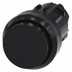 Momentary push-button operator with extended-length actuator for use in industrial control panels. Features a 22 mm mounting hole, non-metallic black construction. Suitable for machine start, stop, or actuation commands in factory automation and process control environments.