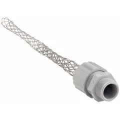 Straight nylon cord grip with stainless steel external strain relief for securing and sealing cables entering electrical enclosures. 3/4 in MNPT box connection, accepts cord diameters 0.63 to 0.75 in. Rated Class I, Division 2 for hazardous locations.