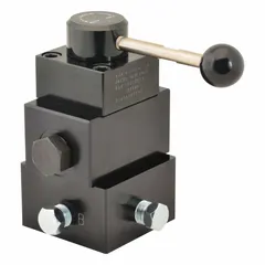 This lever-operated directional control valve features three positions and a manifold mounting configuration. It has 1/4" NPT ports and is manually operated. Typical applications include directing fluid flow in hydraulic systems such as industrial machinery and mobile equipment.