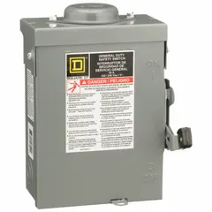 This SQUARE D fusible safety switch is rated for 30 A, single phase, 120V AC. It features a galvanized steel enclosure suitable for indoor and outdoor use. The switch provides a means to manually disconnect power and protect circuits in electrical systems.