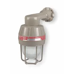 This bulb-dependent jelly jar light fixture is rated for Class I, Division 1 and 2, Groups C and D hazardous locations. It operates at 120/277V AC with a T3C temperature code and accepts a 300 W incandescent lamp. The wall-mount design is suitable for areas with flammable gases or vapors, such as oil refineries and chemical plants.