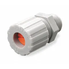 Straight nylon cable grip with 1/2 in MNPT box connection, accepting cord diameters from 0.13 in to 0.19 in. Gray nylon body with orange color-coded grommet. Rated IP66 for dust and water ingress. Suitable for use in hazardous locations classified as Class II, Division 1 & 2, such as areas with combustible dust.