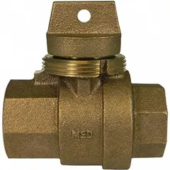 This two-way ball valve features a brass tee handle and FNPT x FNPT connections for direct threading to pipes. Rated for a maximum operating pressure of 300 psi, it is suitable for flow control in water service lines. Complies with NSF/ANSI 372 standards.