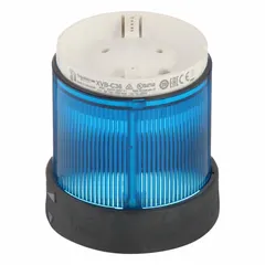 Steady light module for industrial signaling applications. Provides continuous blue visual indication on XVB series tower lights. Operates at 250V with 70 mm overall diameter and 63 mm overall height. Blue lens color.
