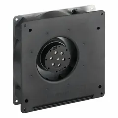 Compact blower for cooling and ventilation in industrial electronics, telecommunications equipment, and control cabinets. Operates on 115V AC, delivers 55.3 cfm airflow at 0.000 in static pressure. Dimensions: 7 in Ht, 7 in Wd, 1 1/2 in Dp.