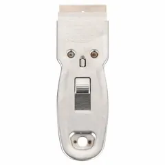 This razor scraper features a carbon steel blade with a straight shape and a steel handle. The flexible blade is suited for removing paint, adhesive, gaskets, and other coatings from flat surfaces. Metal construction provides durability for scraping tasks in construction, maintenance, and industrial settings.