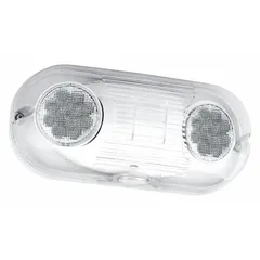 Surface-mount emergency light with two LED lamp heads, rated for wet locations. Operates on 120V AC input with 3.6 W emergency power. White plastic housing. Suitable for areas requiring backup illumination where moisture exposure is possible.