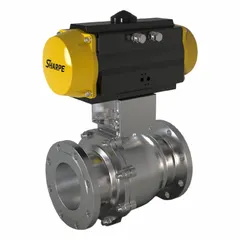 Two-way, full-port ball valve with pneumatic actuation. Constructed of CF8M stainless steel with flange x flange connections. Pilot solenoid voltage not included. Used for on/off flow control of liquids and gases in industrial piping systems.