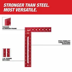 Aluminum framing square with etched 1/8 in scale on the inch (SAE) side. 12 in base length and 12 in x 8 in blade. Used for layout, marking, and measuring in carpentry, roofing, and general construction.