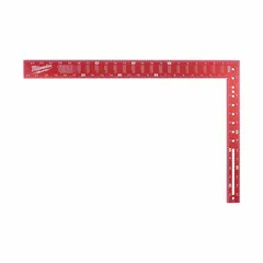 This framing square is made of anodized aluminum with etched 1/8-inch graduations. It measures 24 inches by 16 inches with a 1 1/2-inch width. Used for marking and measuring right angles, rafters, and stair stringers in lumber framing.