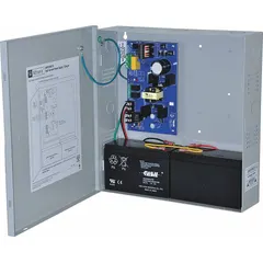 The ALTRONIX SMP3PMCTX is a supervised power supply board housed in a steel enclosure. It accepts 115/230V AC input and provides selectable 12 VDC or 24 VDC output at 2.5 A. Suitable for access control, security, and industrial systems requiring regulated DC power.