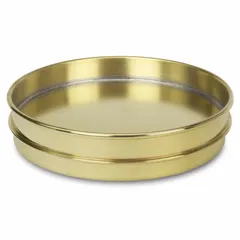 Stainless steel testing pan with 8-inch overall diameter. Used as a collection pan beneath a stack of test sieves in particle size analysis, capturing fine particles that pass through the smallest sieve mesh.