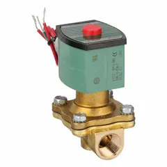 This 2-way, 2-position normally open solenoid valve is designed for high-flow applications. It features a watertight construction suitable for washdown or outdoor environments. The valve has a 1/2 in pipe size and operates on 24V DC. Typical uses include controlling the flow of water, air, and light oil in industrial systems.
