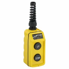 Thermoplastic enclosure pendant with two push buttons configured as 2NO, Up/Down legend, maintained/momentary action. Dead-end hub style. AC contact rating 1.5 A at 240 V, DC 0.55 A at 240 V. NEMA 4 rated. Suitable for remote control of cranes, hoists, and conveyors.