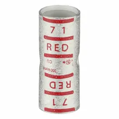 Crimped butt splice compression connector with copper barrel, red color code, and Die Code 71. Length 2.27 inches. Used for joining copper wire in power distribution, panel building, and heavy equipment wiring applications.