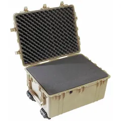 The PELICAN 1630 is a suitcase-style protective case with interior dimensions of 21 in x 27 3/4 in x 15 1/2 in. It features a double-throw closure and includes convoluted, pick and pluck, and solid foam options for interior customization. This case is not carry-on size and is suited for transporting sensitive equipment, tools, or instruments requiring shock protection.