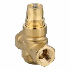 This 2-way globe valve features a brass body, stainless steel stem, and stainless steel seat. It is normally open (NO) with a CV flow rating of 0.63 and 1/2 in female NPT connections. Used for regulating water flow in hydronic heating and cooling systems.