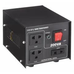Single-phase voltage converter for stepping down 220V AC to 110V AC at 50/60 Hz. Rated at 200 VA, suitable for powering low-wattage appliances and electronics that require 110V input. No built-in protective device.