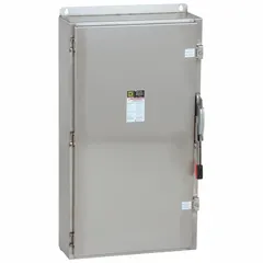 The SQUARE D H365NDS is a 400 A, three-phase fusible safety switch rated for 600V AC. Housed in a 304 stainless steel enclosure, it is suitable for indoor and outdoor installation. This switch is used for disconnecting and providing overcurrent protection in industrial and commercial electrical systems, such as motor circuits, machinery, and distribution panels.