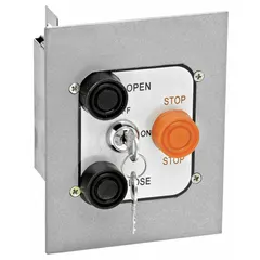 Flush-mount push button control station with momentary contacts and Open-Close-Stop configuration. Outdoor-rated faceplate for use with commercial garage door operators in material handling and dock loading environments.