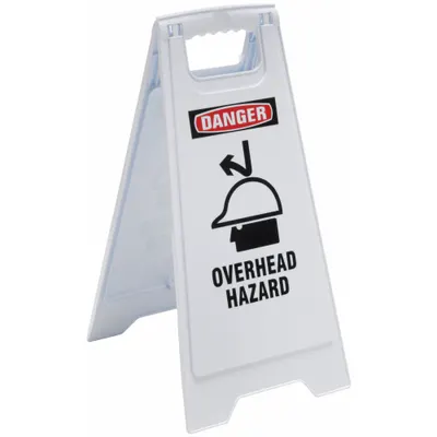 OEM Floor Sign: Polypropylene, 24 in x 11 29/36 in x 12 in Nominal Sign Size - Danger: Overhead Hazard Folding Signs