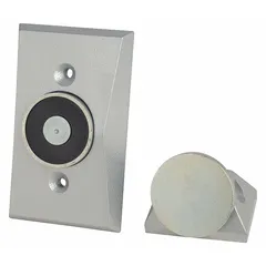 Wall-mounted electromagnetic door holder constructed of aluminum. Operates in fail-safe mode, releasing the door to close automatically upon power loss. Used to hold fire-rated doors open in commercial and institutional buildings.