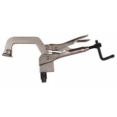 Locking clamp with a maximum jaw opening of 5-1/2 in and a holding capacity of 200 lb. Designed for table mounting, it secures workpieces during welding, fabrication, and assembly tasks.