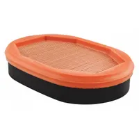 Round-oval engine air filter with channel flow design. Overall height 1 9/16 in. Compatible with Caterpillar farm equipment. Used to filter intake air for internal combustion engines in agricultural machinery